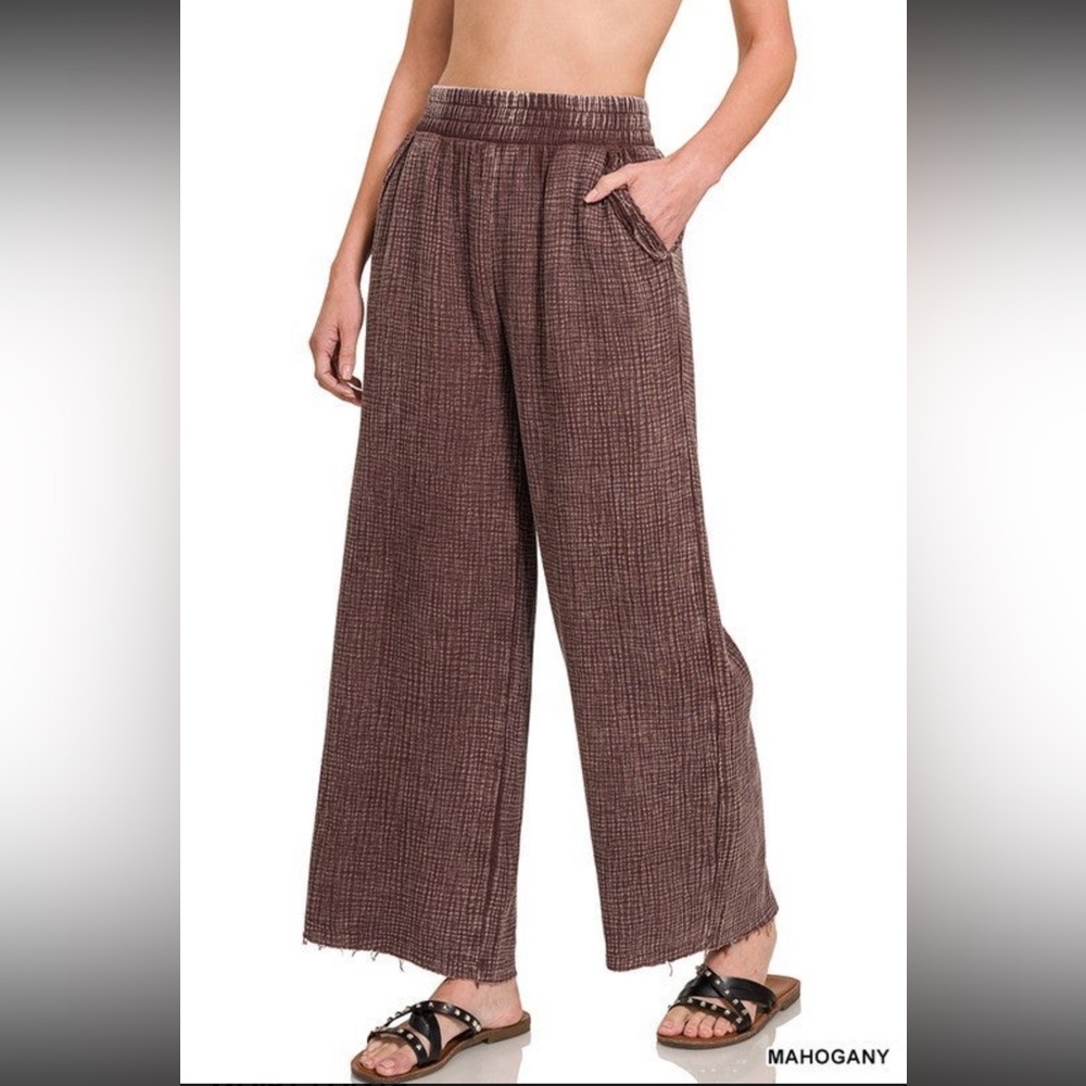 Zenana Washed Double Gauze Frayed Hem Elastic Band Waist Pants, NWT, Size Small